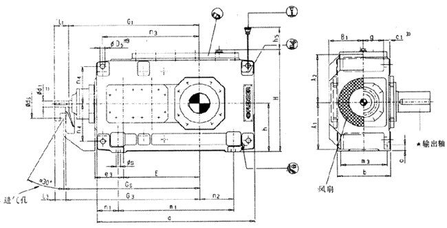 直交軸齒輪箱三級(jí)傳動(dòng)臥式安裝(B3.H)