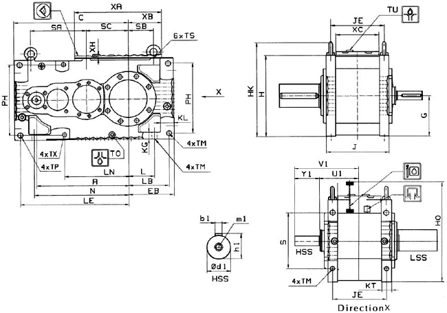 MC系列硬齒面中型齒輪減速機(jī)安裝尺寸(3級(jí)斜齒輪減速器水平安裝)